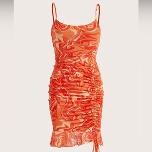 🟠 ORANGE DRAWSTRING RUCH BODYCON DRESS SIZE XS